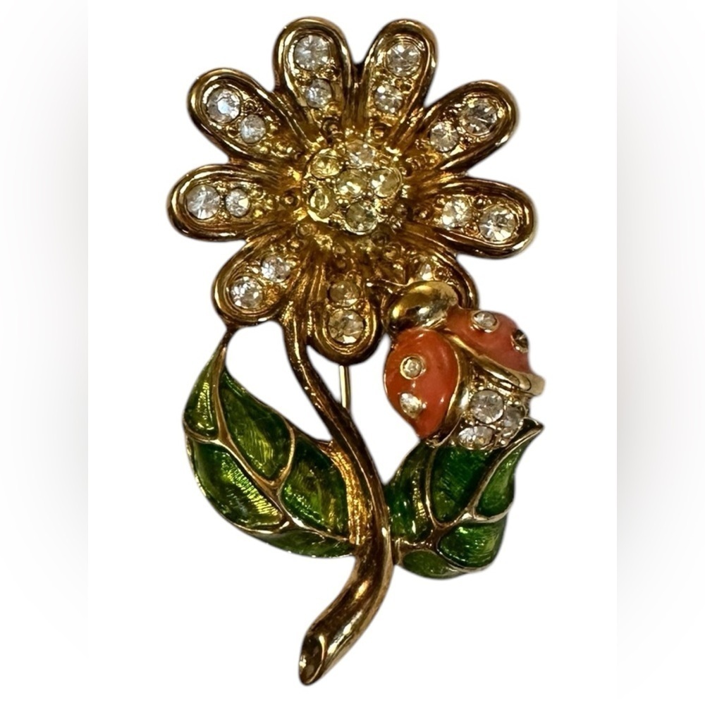 Vintage Enamel Flower Rhinestone Brooch Pin - Daisy With Lady Bug Signed